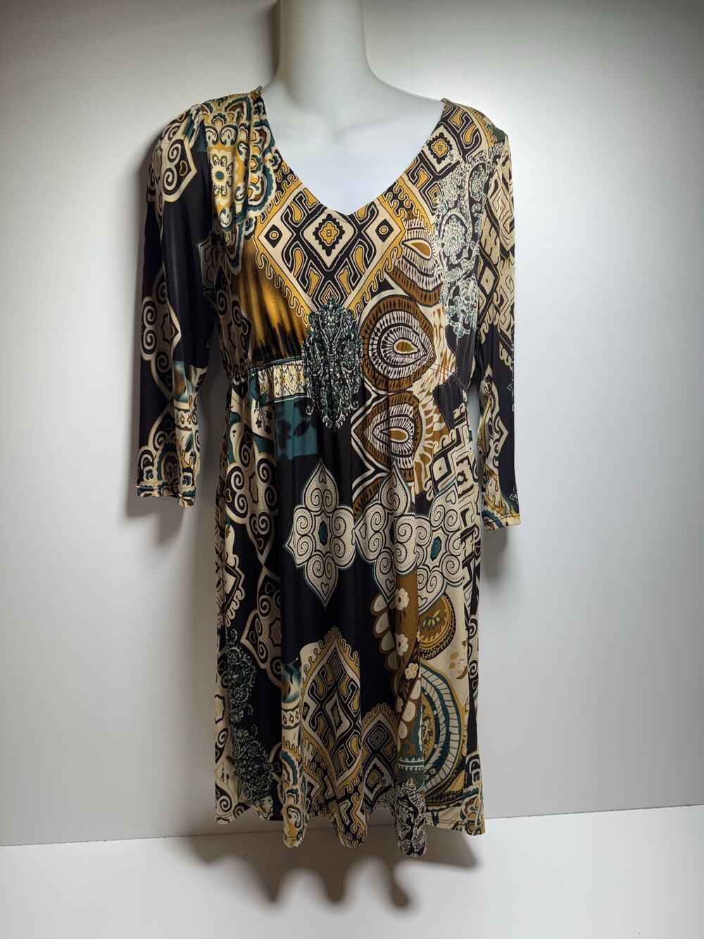 Cristina Love Women’s Long Sleeve V Neck 3/4 Sleeve Brown Festival Dress Sz L